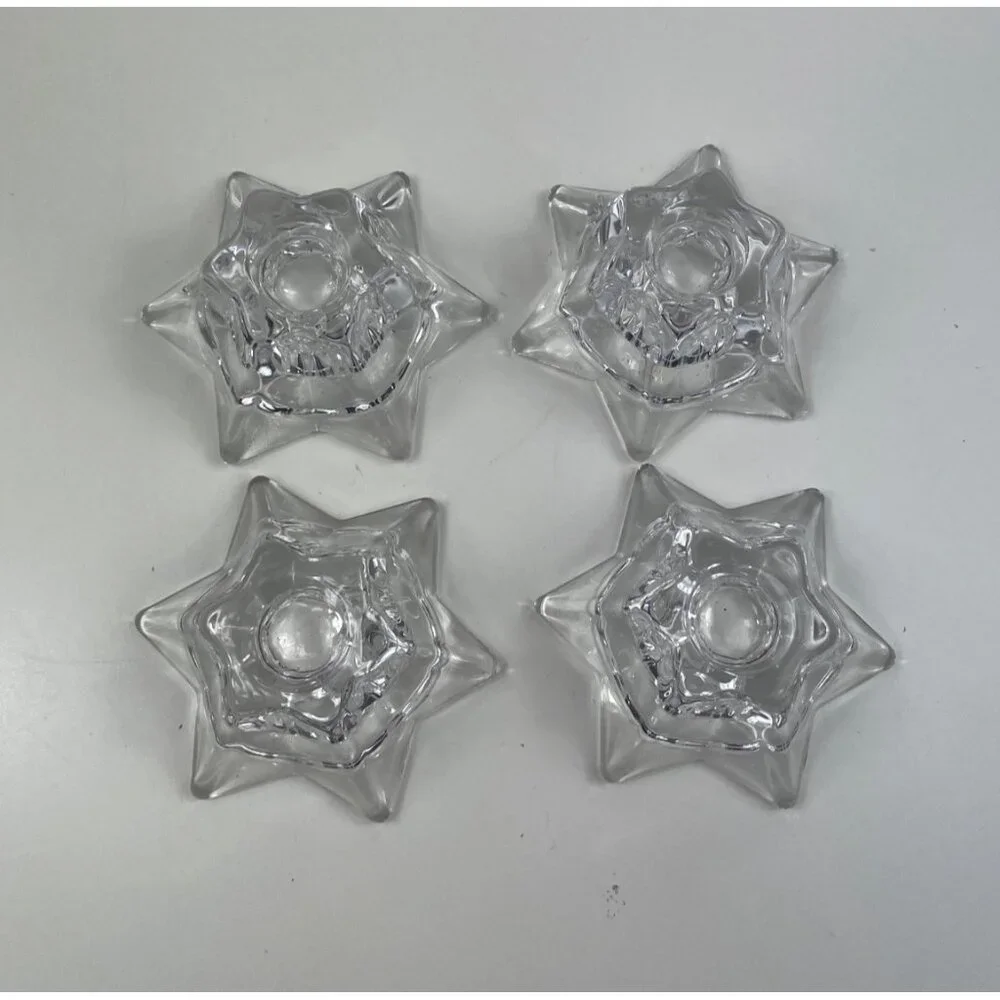 Set Of 4 Star-Shaped Clear Glass Candle Holders Taper & Tealight/Votive Candles